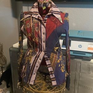 Colorful button up with sheer arms